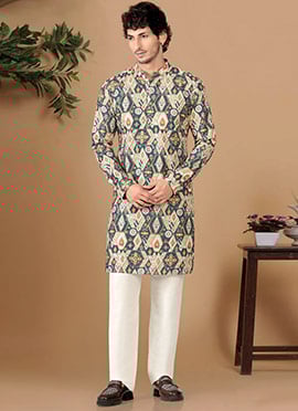 Stylish Blue Soft Cotton Sequins Embroidered Printed Kurta Pyjama
