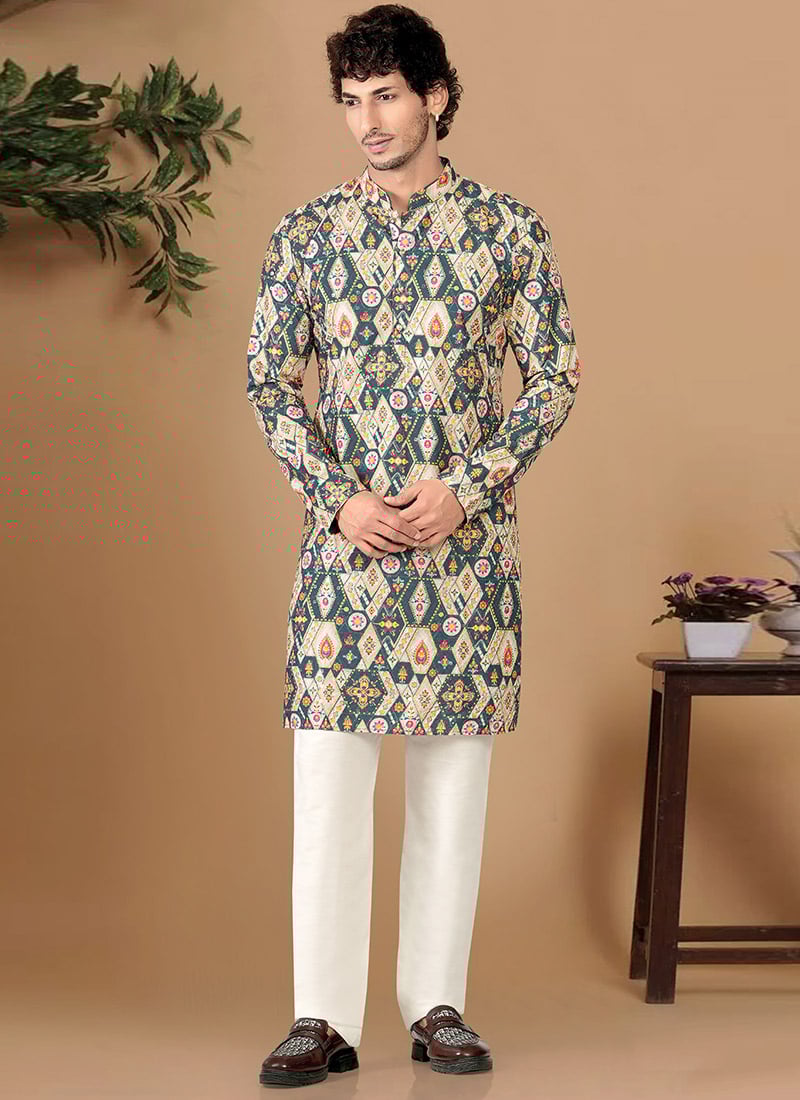 Stylish Blue Soft Cotton Sequins Embroidered Printed Kurta Pyjama Festive Wear