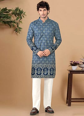 Stylish Blue Soft Cotton Sequins Embroidered Printed Kurta Pyjama