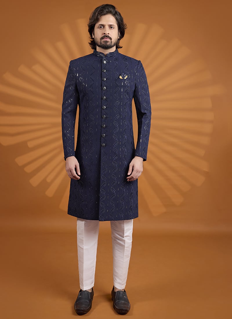 Stylish Blue Thread Work Sequins Embroidered Classic Sherwani Wedding Wear