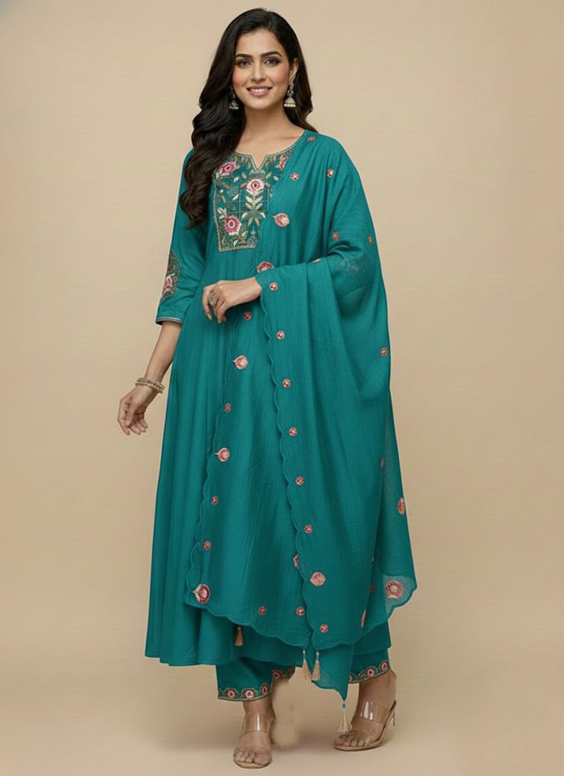 Stylish Blue Viscose Silk Embroidered Sequins Anarkali Suit Festive Wear