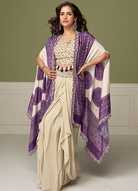 Stylish Cream Chinon Silk Embroidered Indowestern Crop Top Skirt Set With Jacket