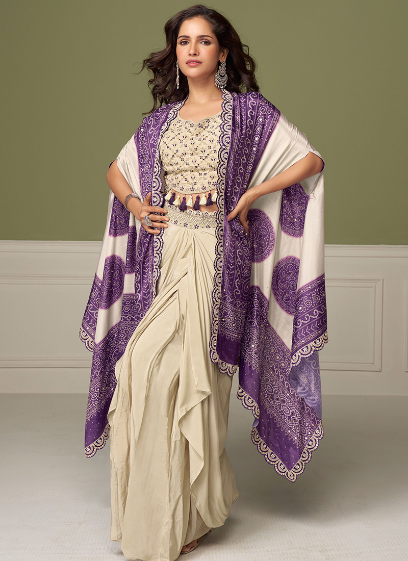 Stylish Cream Chinon Silk Embroidered Indowestern Crop Top Skirt Set With Jacket After Six Wear
