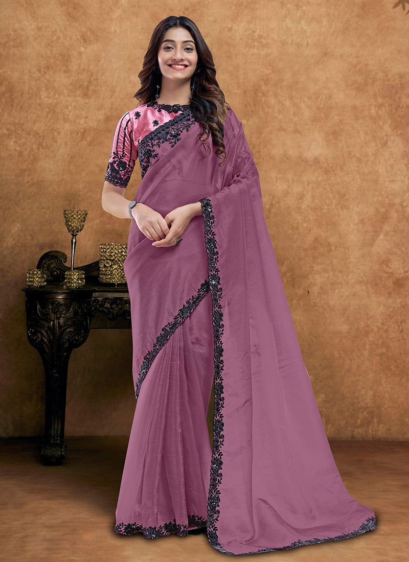 Stylish Dark Mauve Crush Silk Embroidered Stone Beads Sequins Zari Saree Wedding Wear
