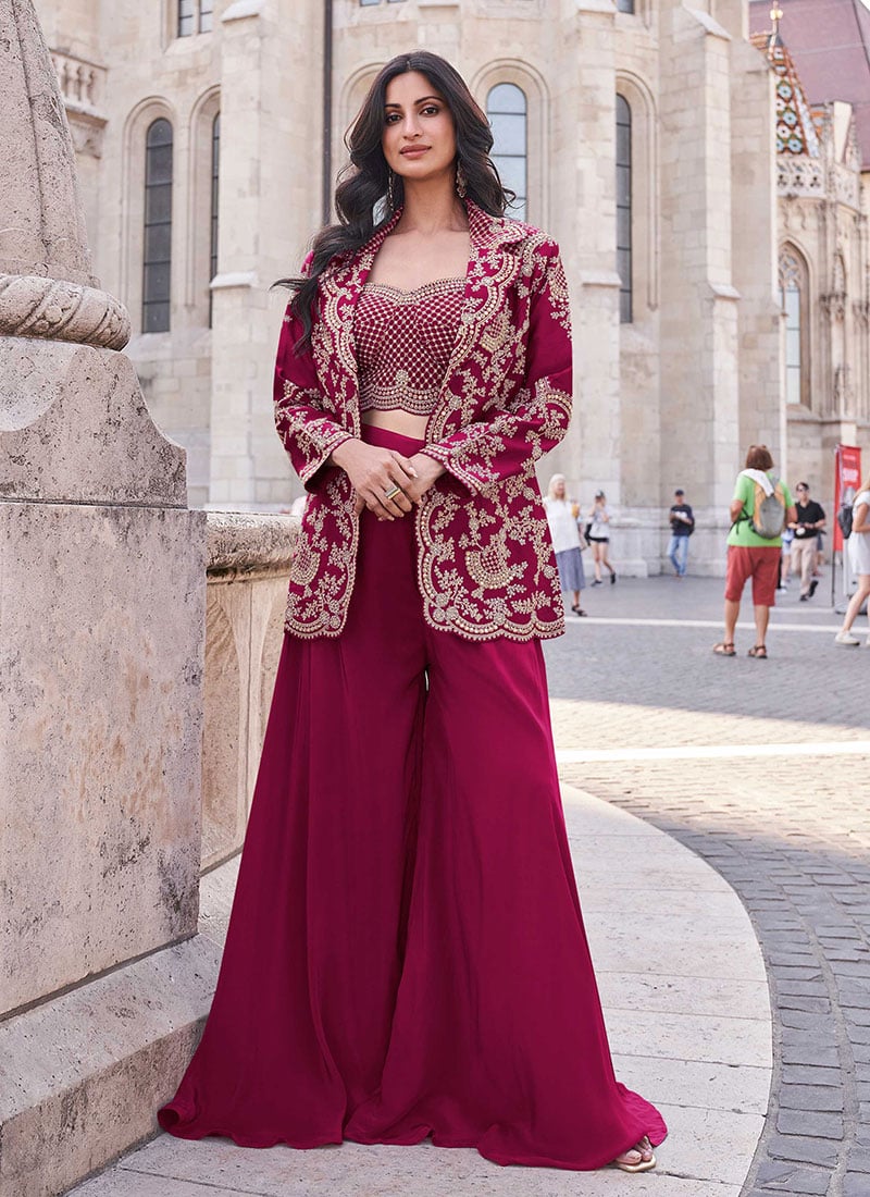 Stylish Dark Pink Silk Indowestern Set With Embroidered Sequins And  Mirror And Stone