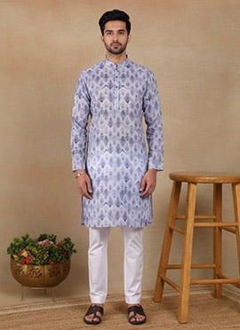 Stylish Denim Blue Linen Printed Kurta Pyjama