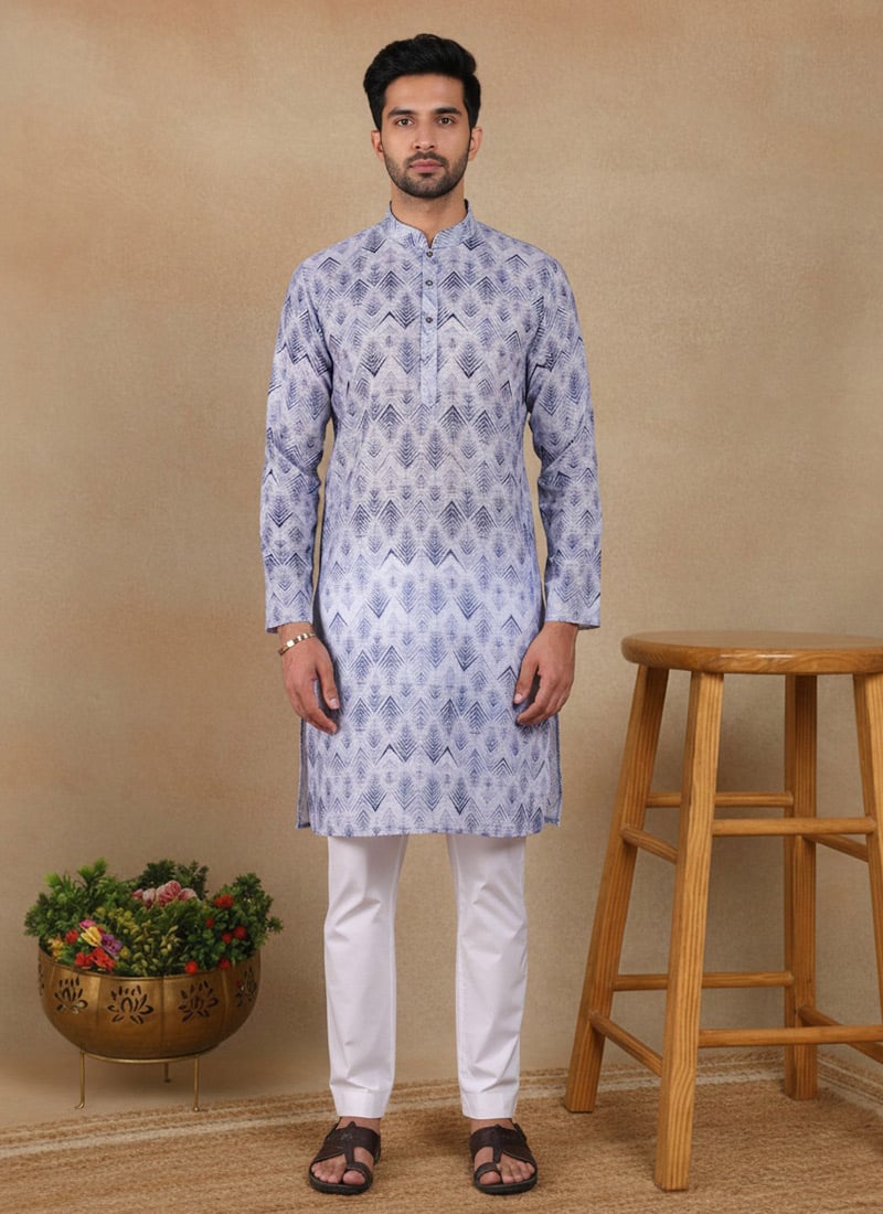 Stylish Denim Blue Linen Printed Kurta Pyjama Festive Wear