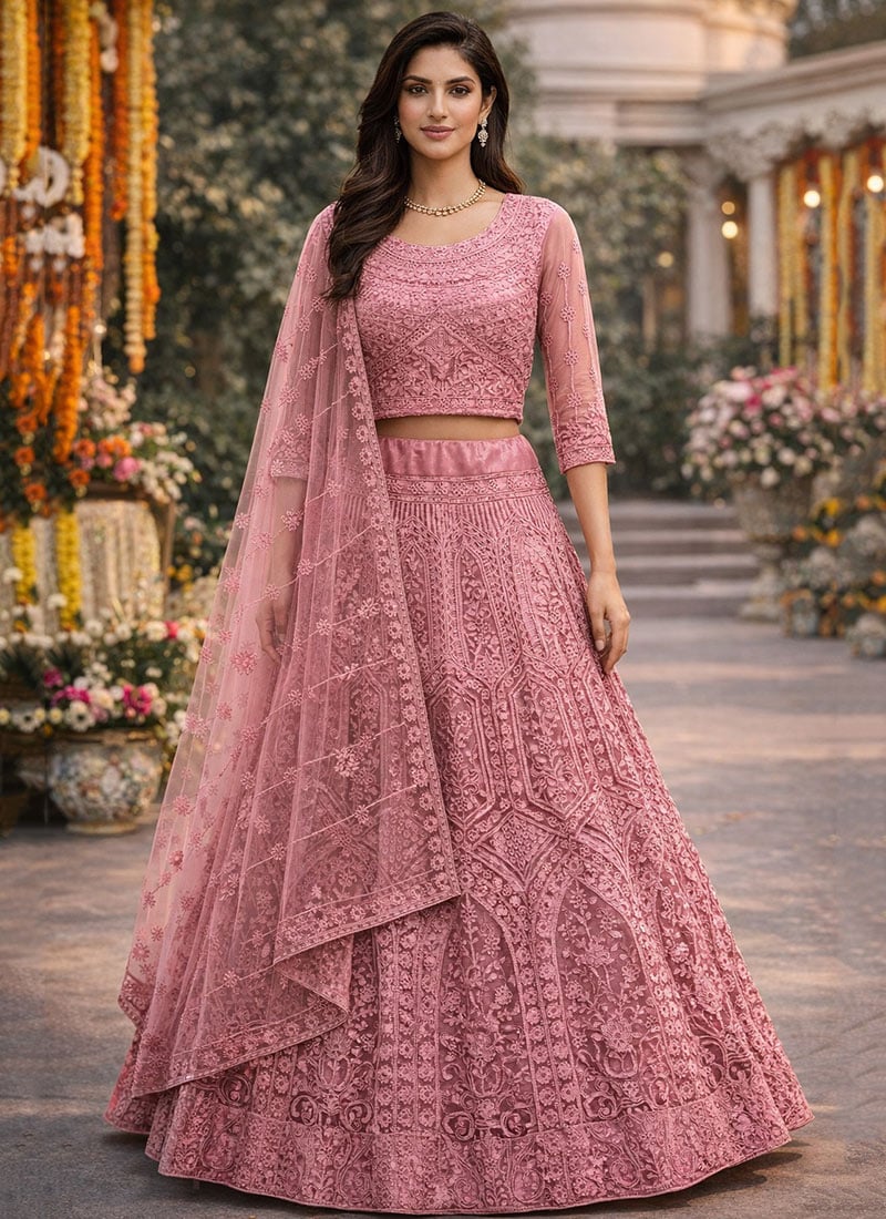 Stylish Dusty Net Heavy Thread Embroidery Work Umbrella Lehenga After Six Wear