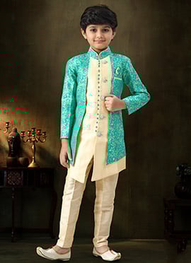 Stylish Fawn Banarasi Silk Jacquard Kids Boys Indowestern Sherwani