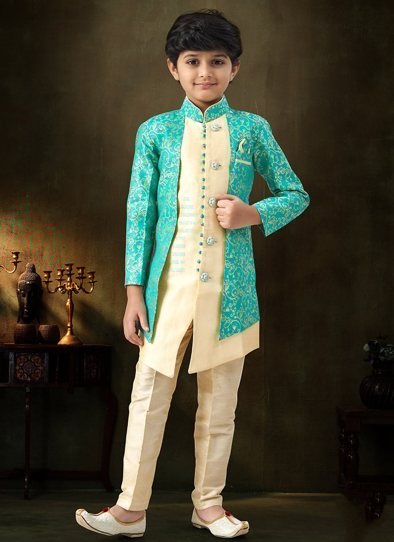 Stylish Fawn Banarasi Silk Jacquard Kids Boys Indowestern Sherwani Wedding Wear