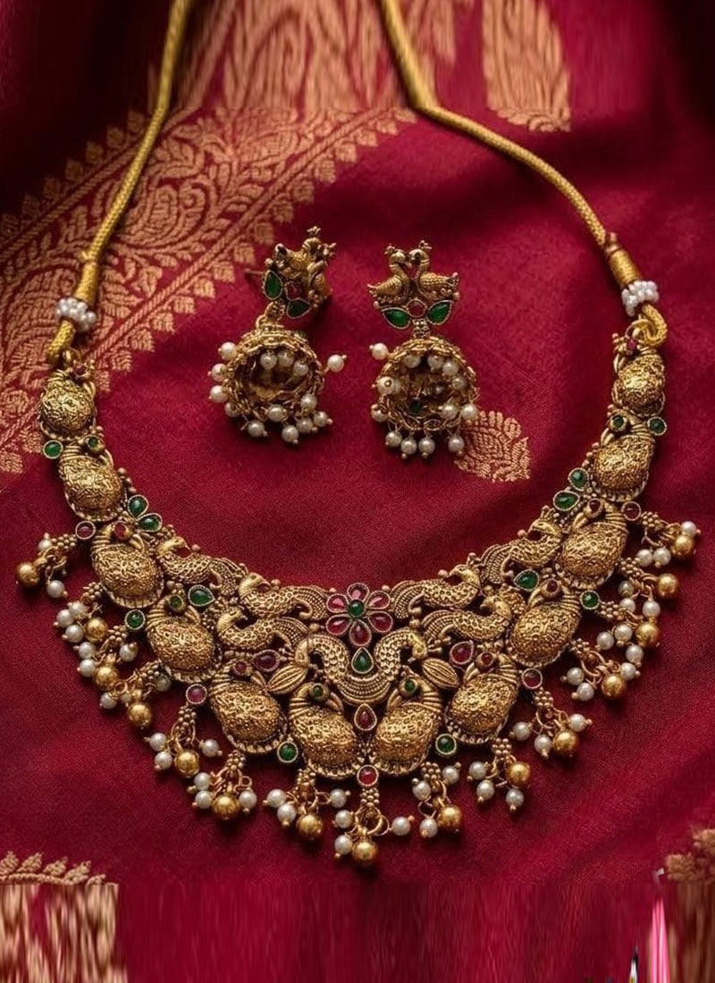 Stylish Gold Copper Kundan Beads Necklace Wedding Wear