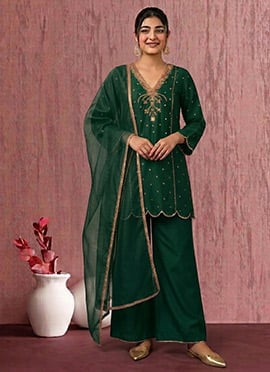 Stylish Green Art Silk Zari Sequins Palazzo Suit