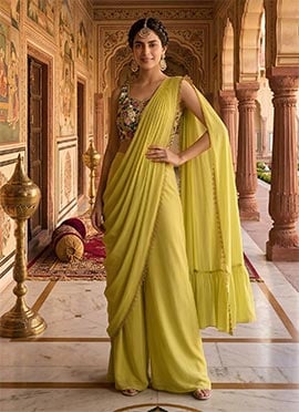 Stylish Green Georgette Sequins Hand Embroidered Palazzo Style Saree