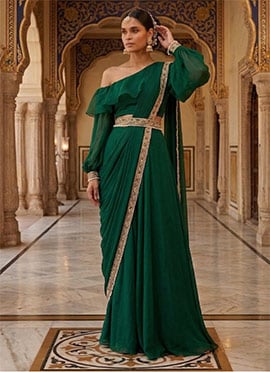 Stylish Green Organza Ready Lace Palazzo Style Saree
