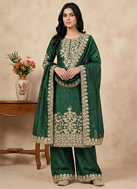 Stylish Green Silk Embroidered Sequins Coding Palazzo Suit
