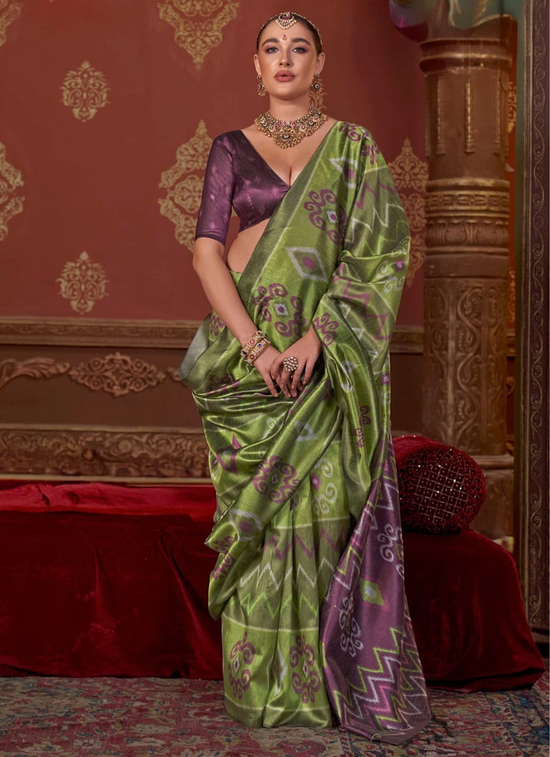 Stylish Green Silk Ikkat Print Saree Festive Wear