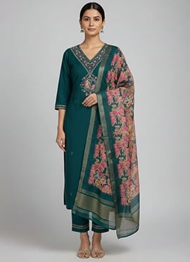 Stylish Green Viscose Silk Embroidered Straight Pant Suit