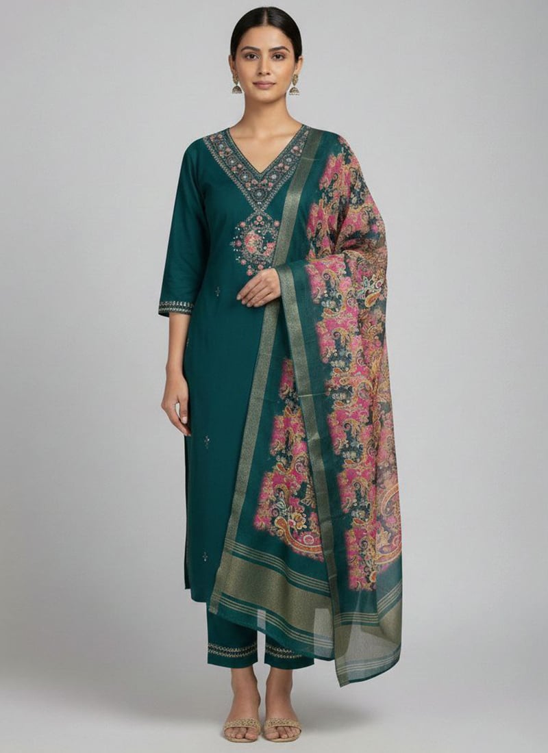 Stylish Green Viscose Silk Embroidered Straight Pant Suit Festive Wear