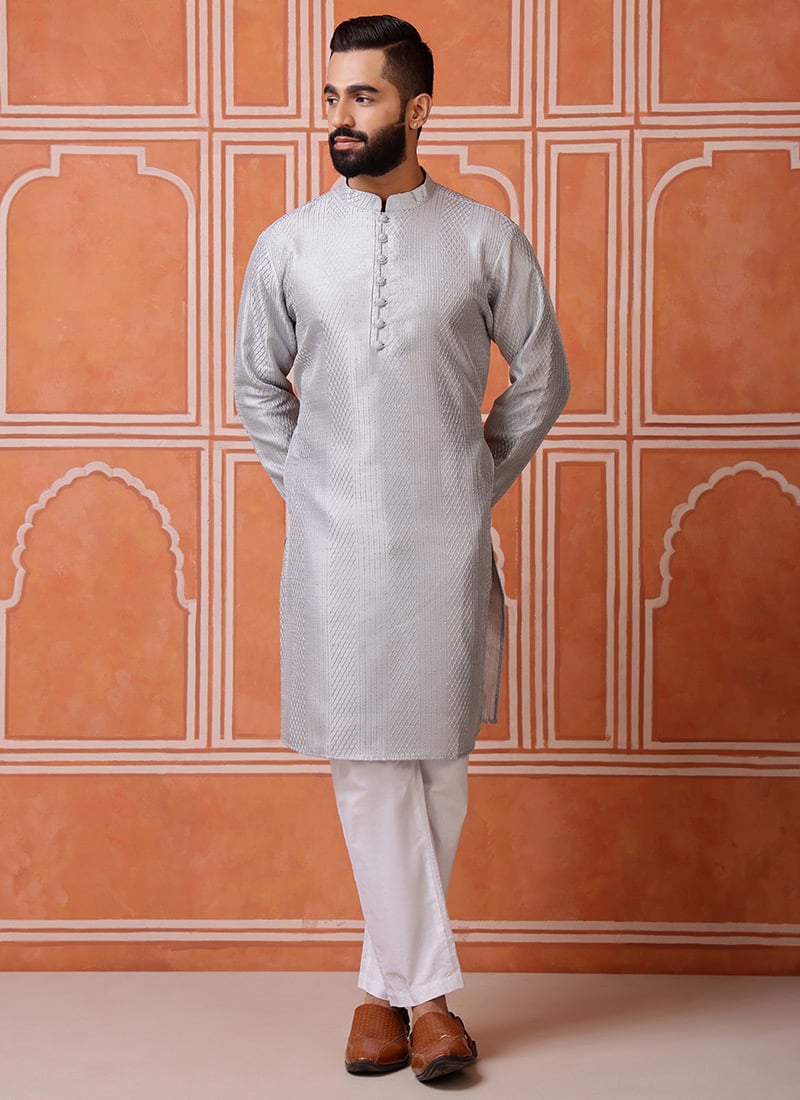 Stylish Grey Blended Cotton Sequins Embroidered Kurta Pyjama Festive Wear