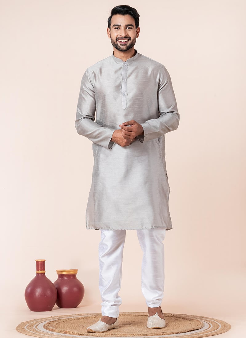 Stylish Grey Dupion Silk Plain Kurta Pyjama Festive Wear