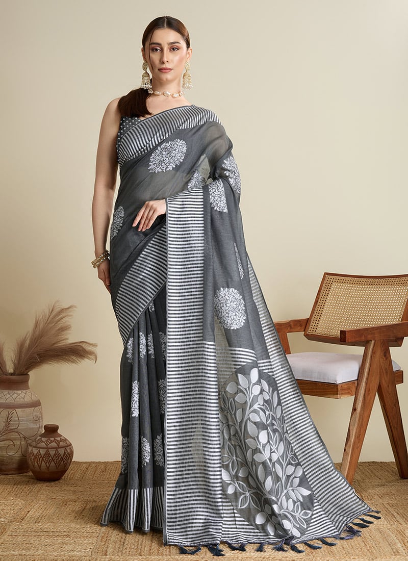 Stylish Grey Silk Zari Saree Festive Wear