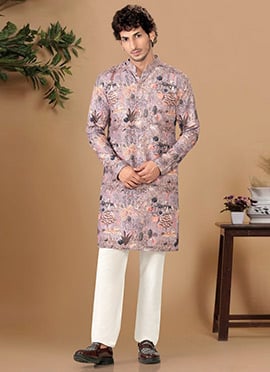 Stylish Light Purple Soft Cotton Sequins Embroidered Printed Kurta Pyjama