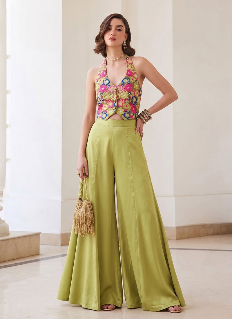 Stylish Lime Green Soft Silk Embroidered Halter Neck Top With Flared Palazzo Set After Six Wear