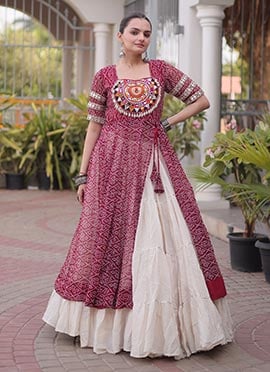 Stylish Maroon Blended Cotton Gamthi Bandhani PrintIndowestern Set For Navratri