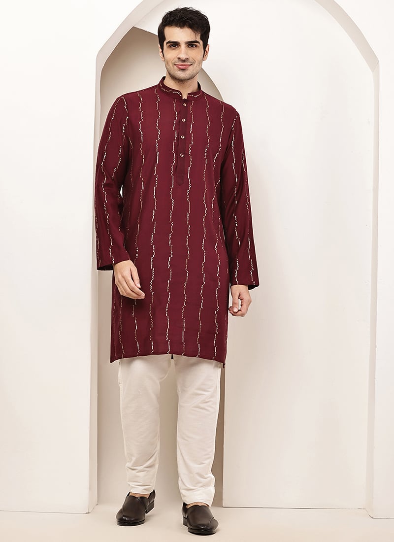 Stylish Maroon Viscose Silk Embroidered Sequins Kurta Pyjama Festive Wear