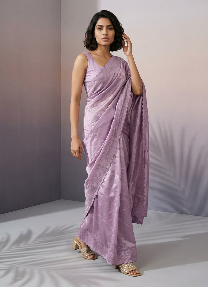 Stylish Mauve Rasberry Silk Hand Embroidered Saree After Six Wear