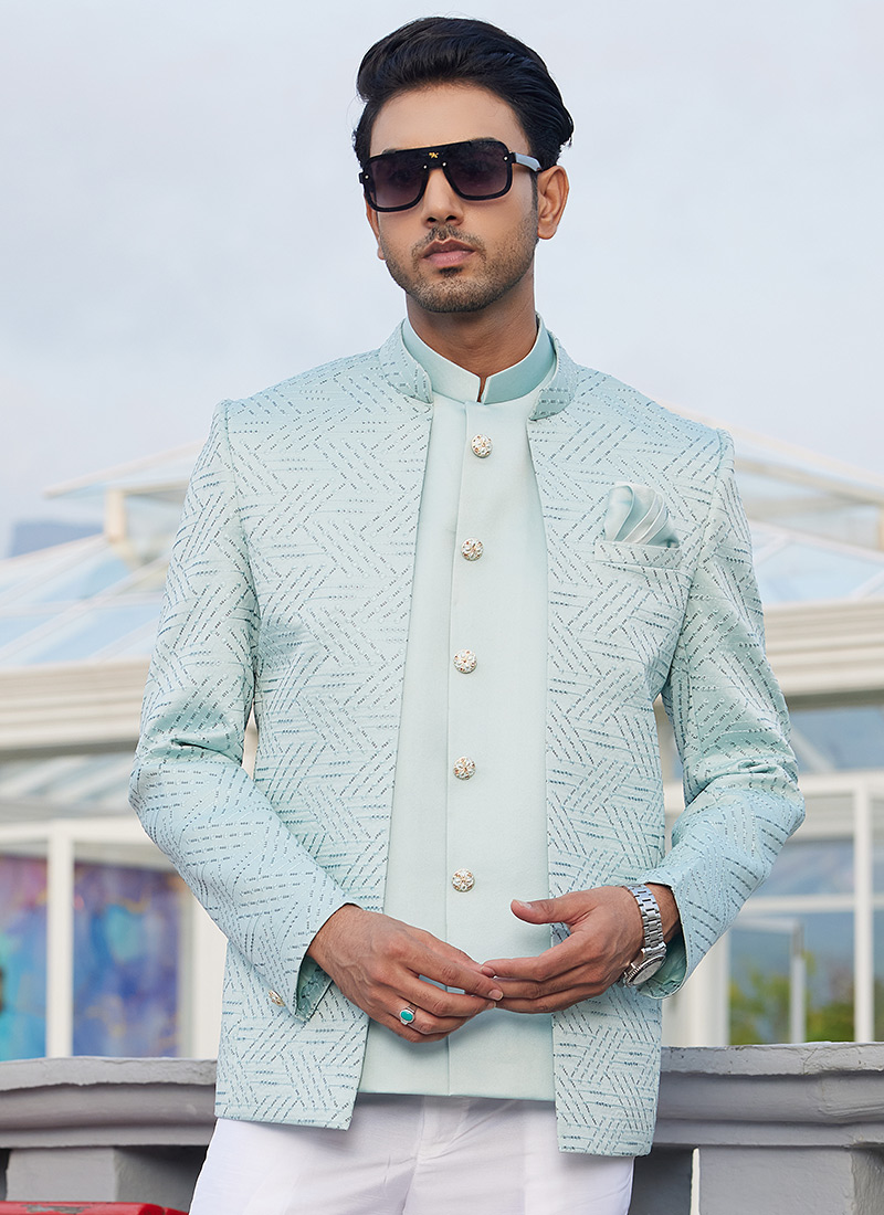 Stylish Mint Green Silk Sequins Jodhpuri Bandhgala Jacket