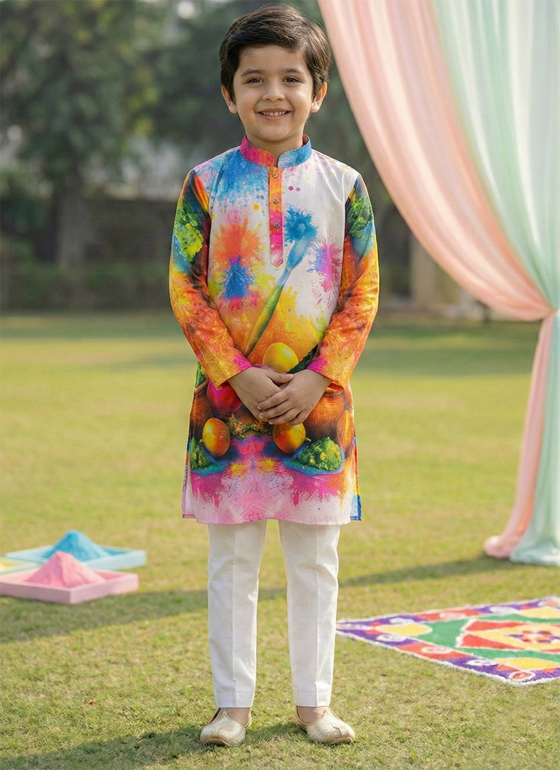 Stylish Multicolored Cotton Digital Print Kids Boys Kurta Pyjama Festive Wear
