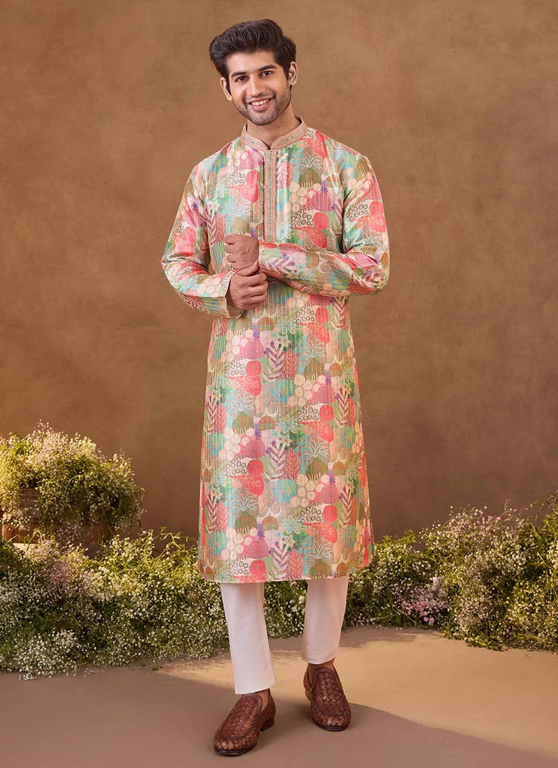 Stylish Multicolour Digital Sequence Printed Kurta Pyjama Set Festive Wear