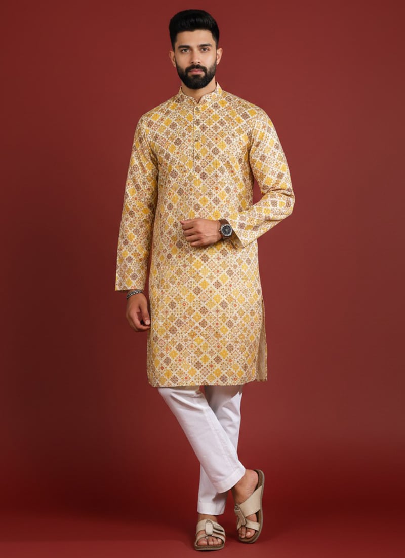 Stylish Mustard Silk Printed Kurta Pyjama Festive Wear