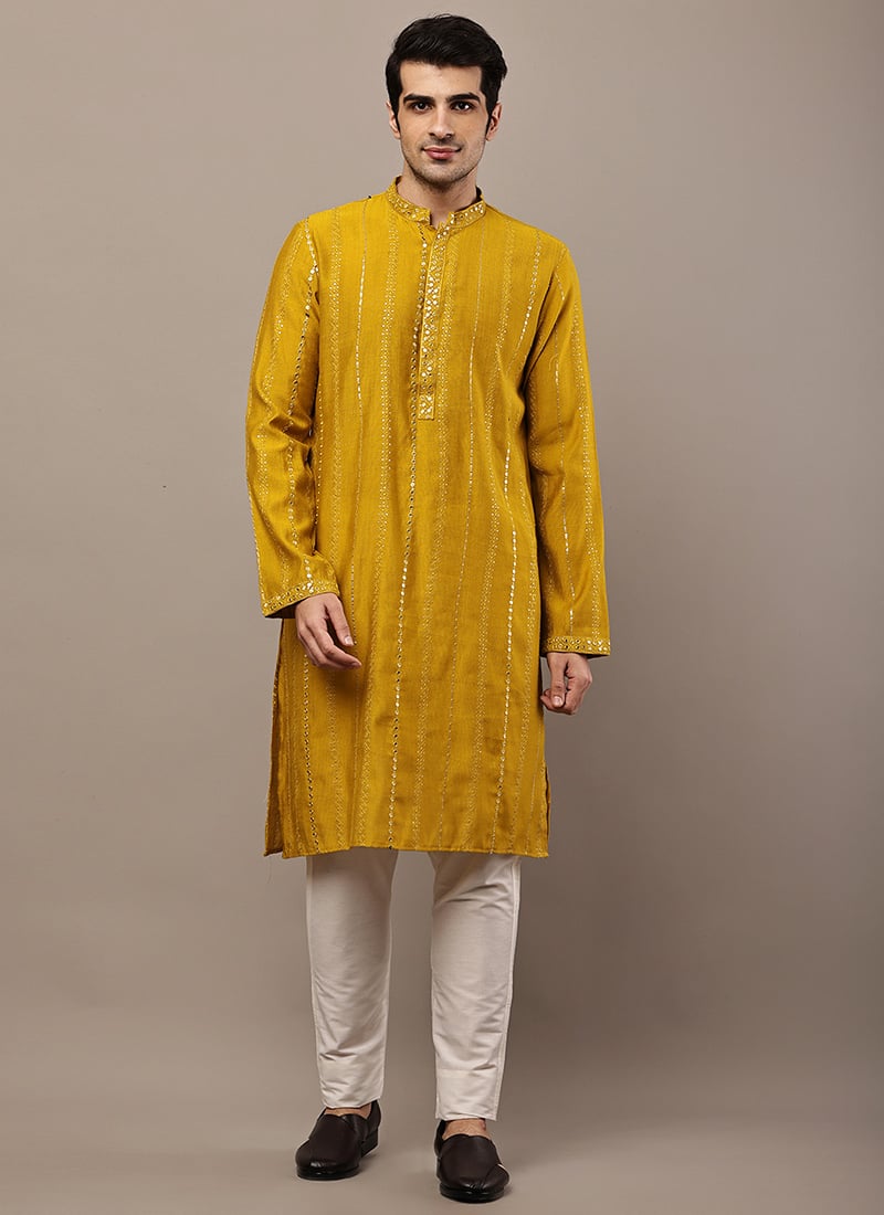 Stylish Mustard Viscose Silk Embroidered Sequins Kurta Pyjama Festive Wear