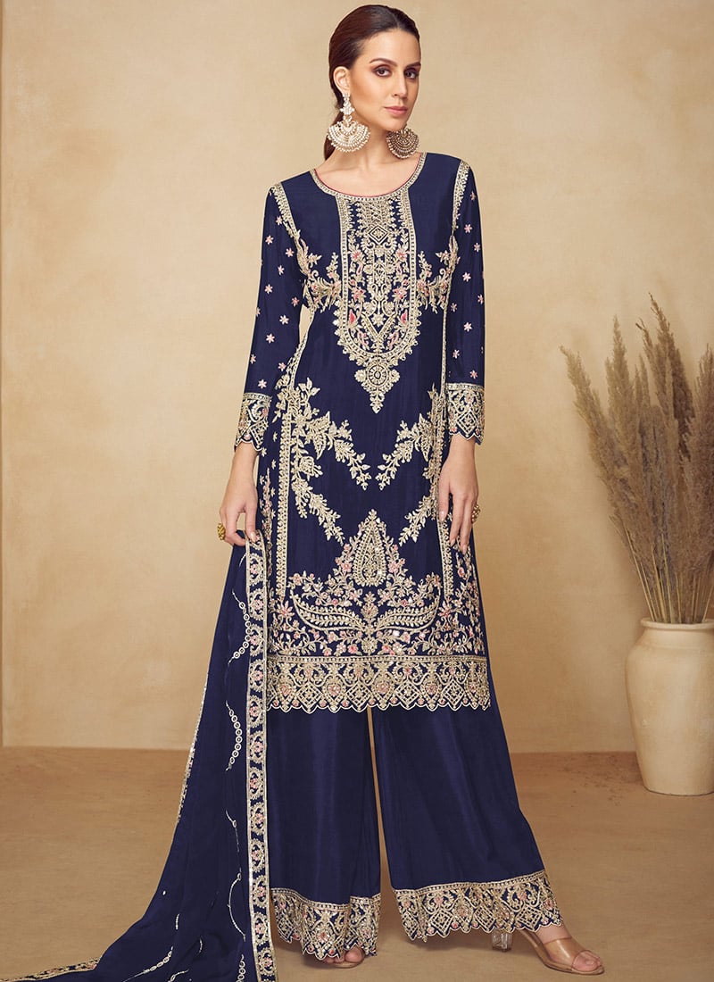 Stylish Navy Blue Chinon Zari Embroidered Sequins Palazzo Suit Festive Wear