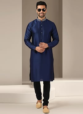 Stylish Navy Blue Embroidered Dupion Silk Kurta For Men