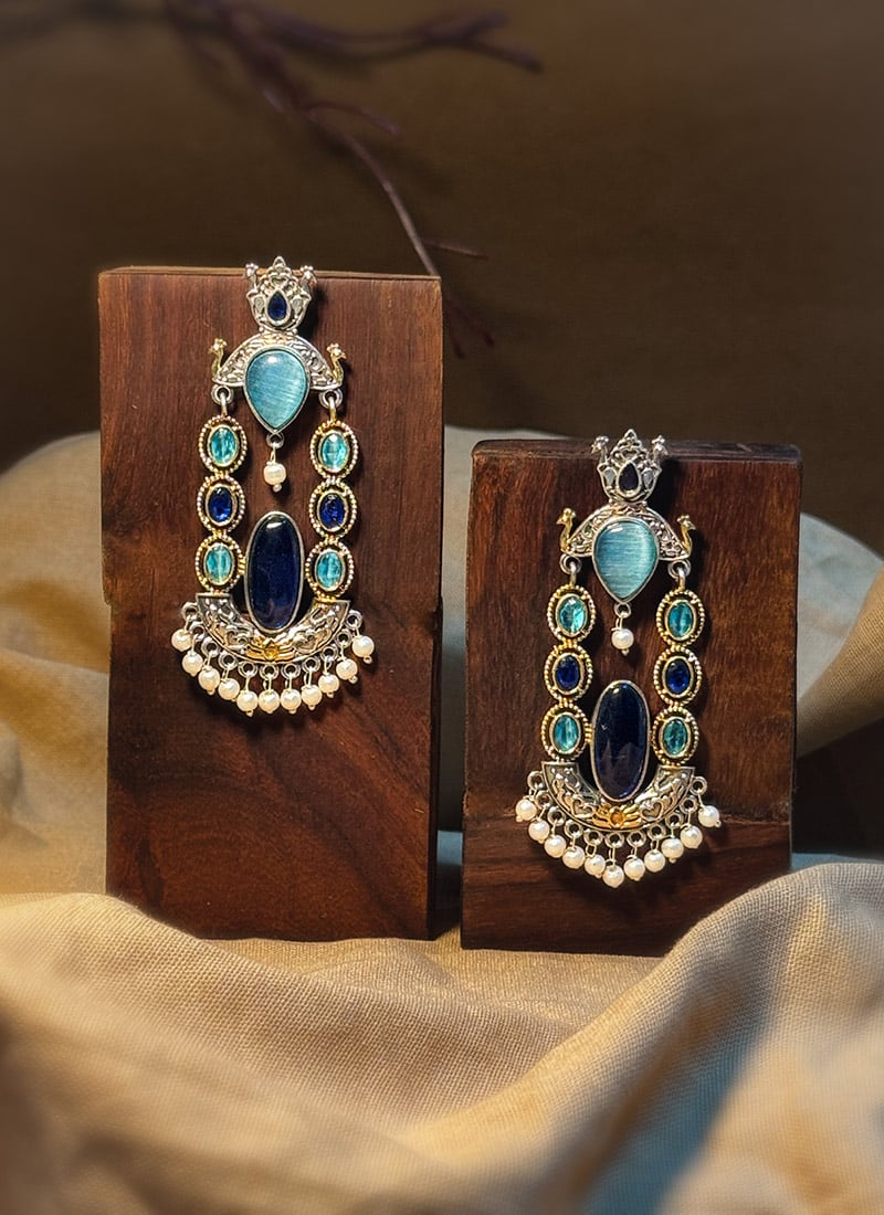Stylish Navy Blue Kundan Beads Oxidised Chandeliers Festive Wear