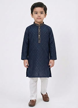 Stylish Navy Blue Silk Zari Thread Kids Boys Kurta Pyjama