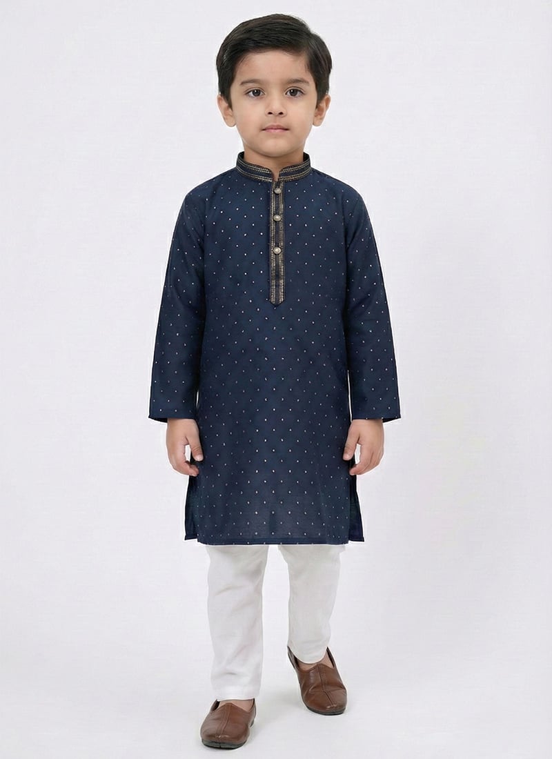 Stylish Navy Blue Silk Zari Thread Kids Boys Kurta Pyjama Festive Wear