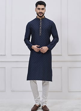 Stylish Navy Blue Silk Zari Thread Kurta Pyjama
