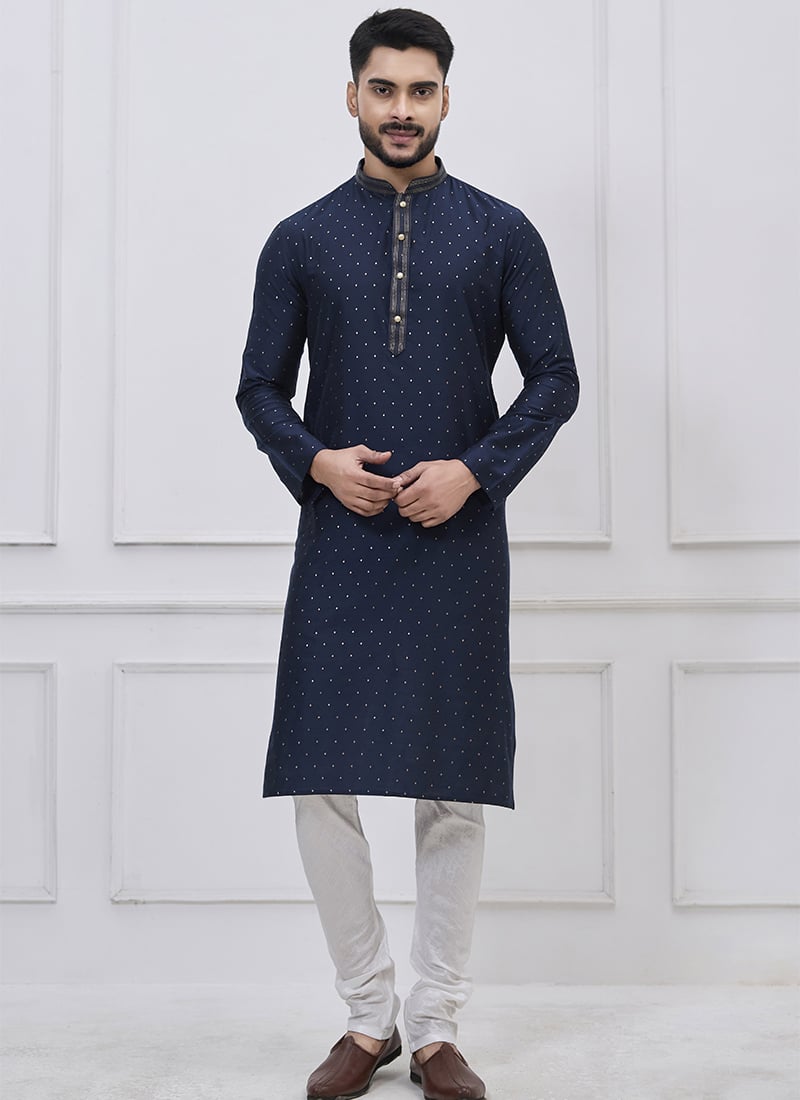 Stylish Navy Blue Silk Zari Thread Kurta Pyjama Festive Wear