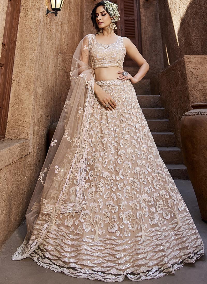 Stylish Nude Net Embroidered Sequins Lehenga Wedding Wear