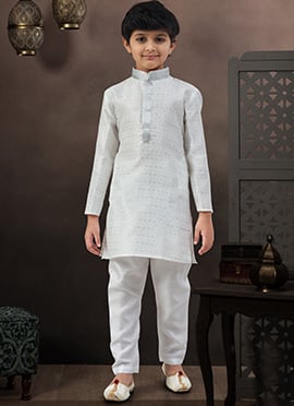 Stylish Off White Banarasi Jacquard Tikki Work Kids Boys Kurta Pyjama