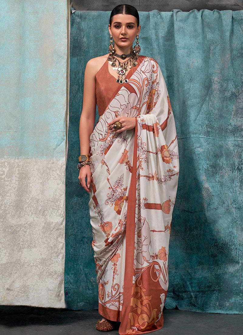 Stylish Off White Faux Crepe Digital Print Saree After Six Wear
