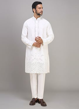 Stylish Off White Silk Embroidered Mirror Work Kurta Pyjama