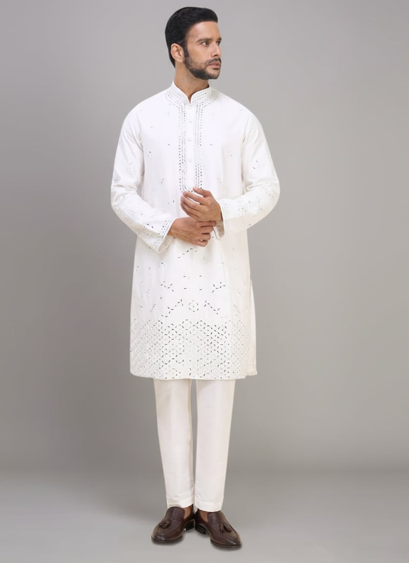 Stylish Off White Silk Embroidered Mirror Work Kurta Pyjama Festive Wear