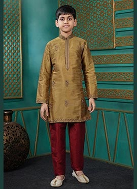 Stylish Olive Green Art Silk Embroidered Kids Boys Kurta Pyjama