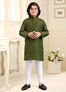 Stylish Olive Green Cotton Kids Kurta Pyjama Set With Elegant Zari Accents