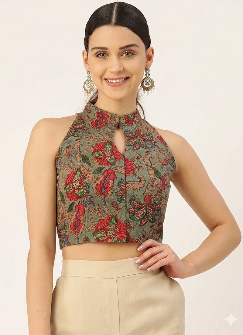Stylish Olive Green Cotton Printed Blouse After Six Wear